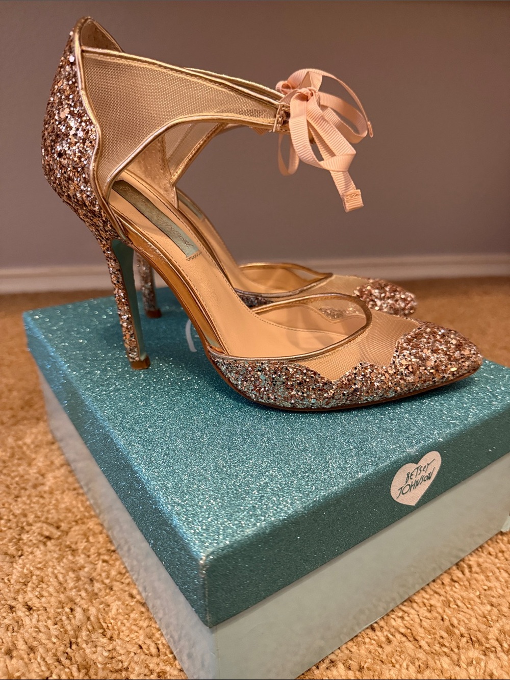 Betsey Johnson Rose Gold Glitter D'Orsay Heels with Ankle Bow